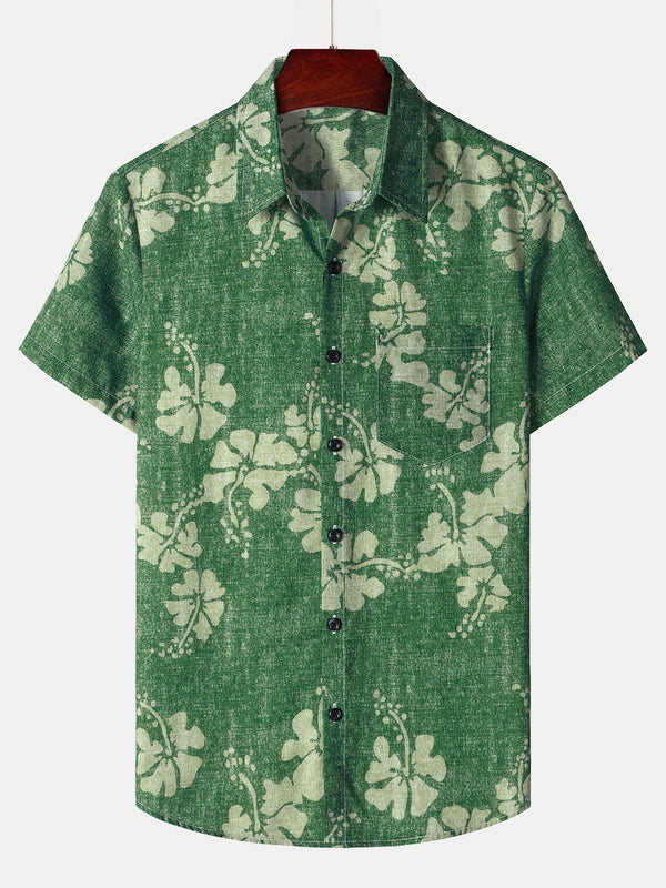 Men's Floral Hawaiian Shirt With Pockets And Green Buttons, Short Sleeves