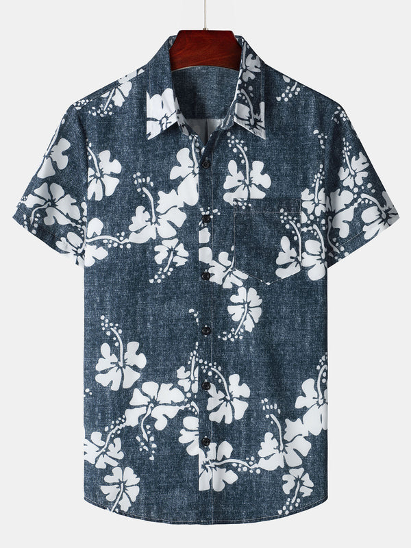 Men's Navy Blue Short Sleeve Floral Hawaiian Shirt With Pockets And Buttons