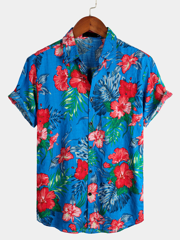 Men's Tropical Floral Cotton Hawaiian Blue Shirt