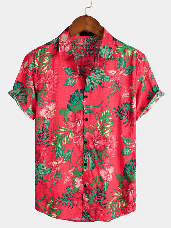 Men's Tropical Hawaiian Cotton Shirt With Floral Pattern In Red