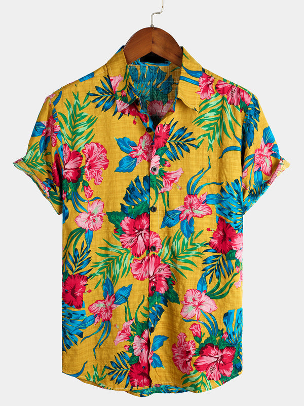 Men's Floral Tropical Hawaiian Yellow Short Sleeve Shirt