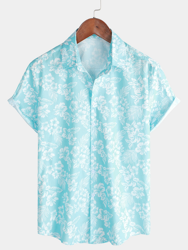 Men's Short-Sleeved Button-Down Shirt In Holiday Blue With Hawaiian Floral Print